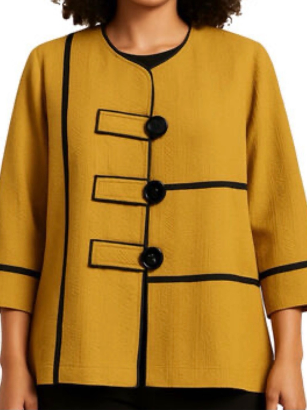 Ali Miles Mustard Yellow Textured Jacket with Black Trim.